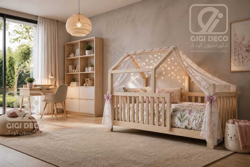 تخت خواب چوبی مونته سوری مدل کلبه ای طرح باغ و پروانه برند GI GI DECO تخت خواب چوبی مونته سوری مدل کلبه ای طرح باغ و پروانه برند GI GI DECO