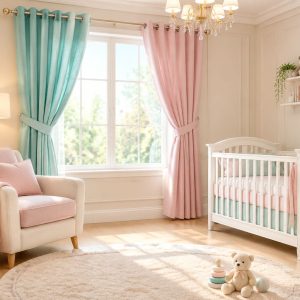 پرده پانج دو رنگ فیروزه‌ای و صورتی نصب‌شده روی پنجره اتاق کودک همراه شال مبل و فرش دایره‌ای کرم