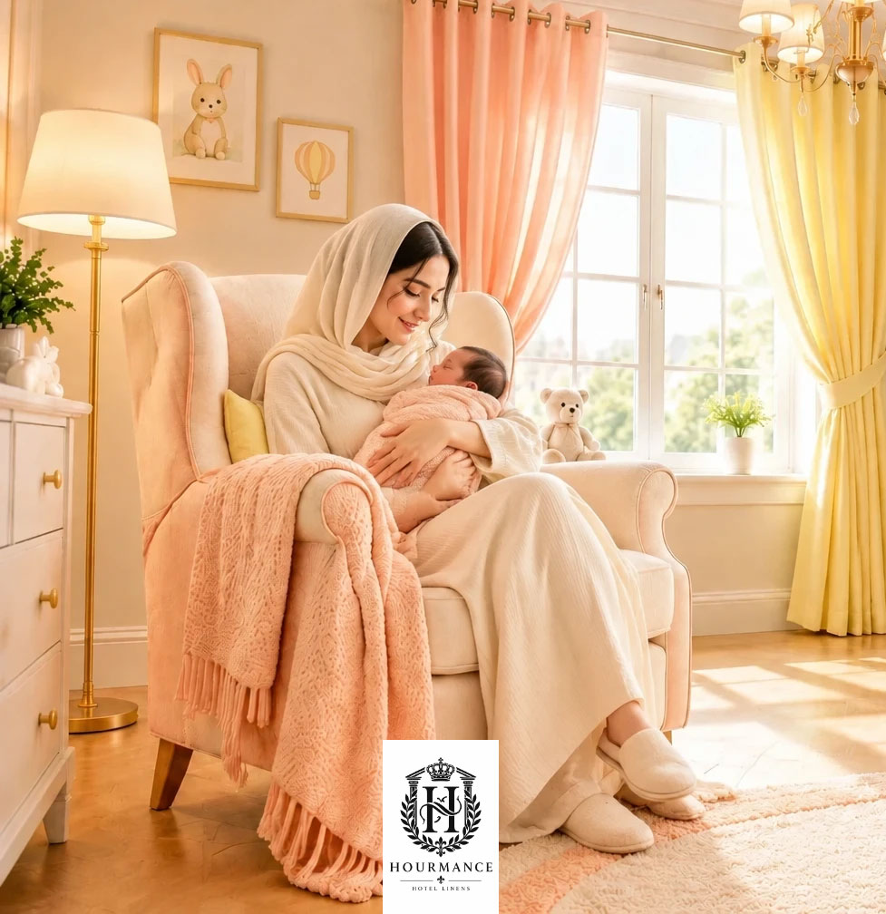 حلیل دکوراسیون اتاق نوزاد با پرده پانچ هلویی و زرد