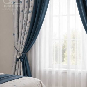 پرده اتاق کودک طوسی نقره‌ای و آبی نفتی